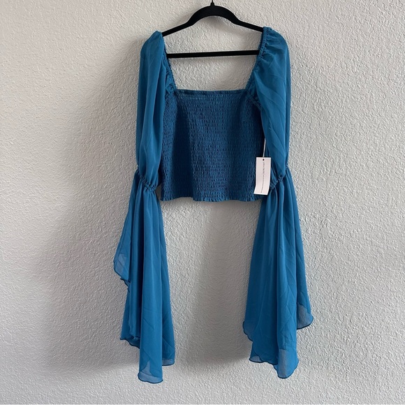 Teal Smocked Crop Top NWT Sheer Bell Sleeve Boho Cottagecore Festival Top M - Picture 2 of 16